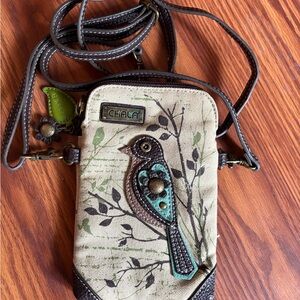 Chala Bird Design Phone Crossbody - Brown and Teal
